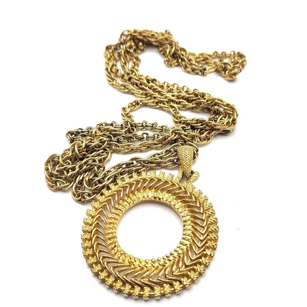 Vintage Gold Plated Vintage Statement Pendant Necklace Double Strand 2in pendant